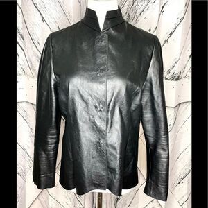 Leather Jacket Snap Front Black Size M/L